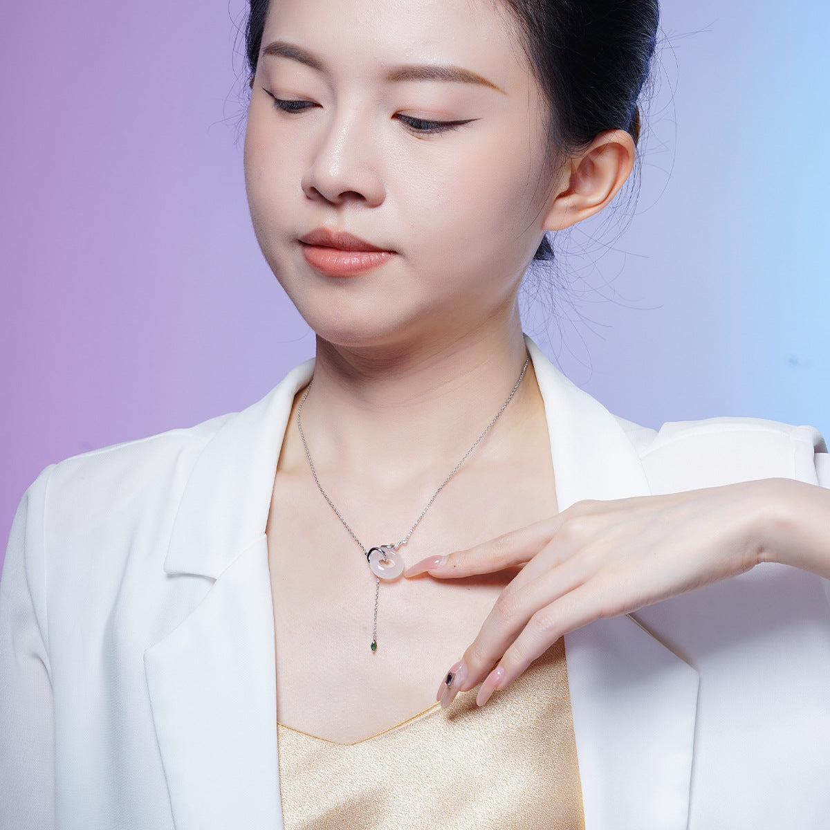 S925 Sterling Silver Natural Chalcedony Safety Buckle Necklace