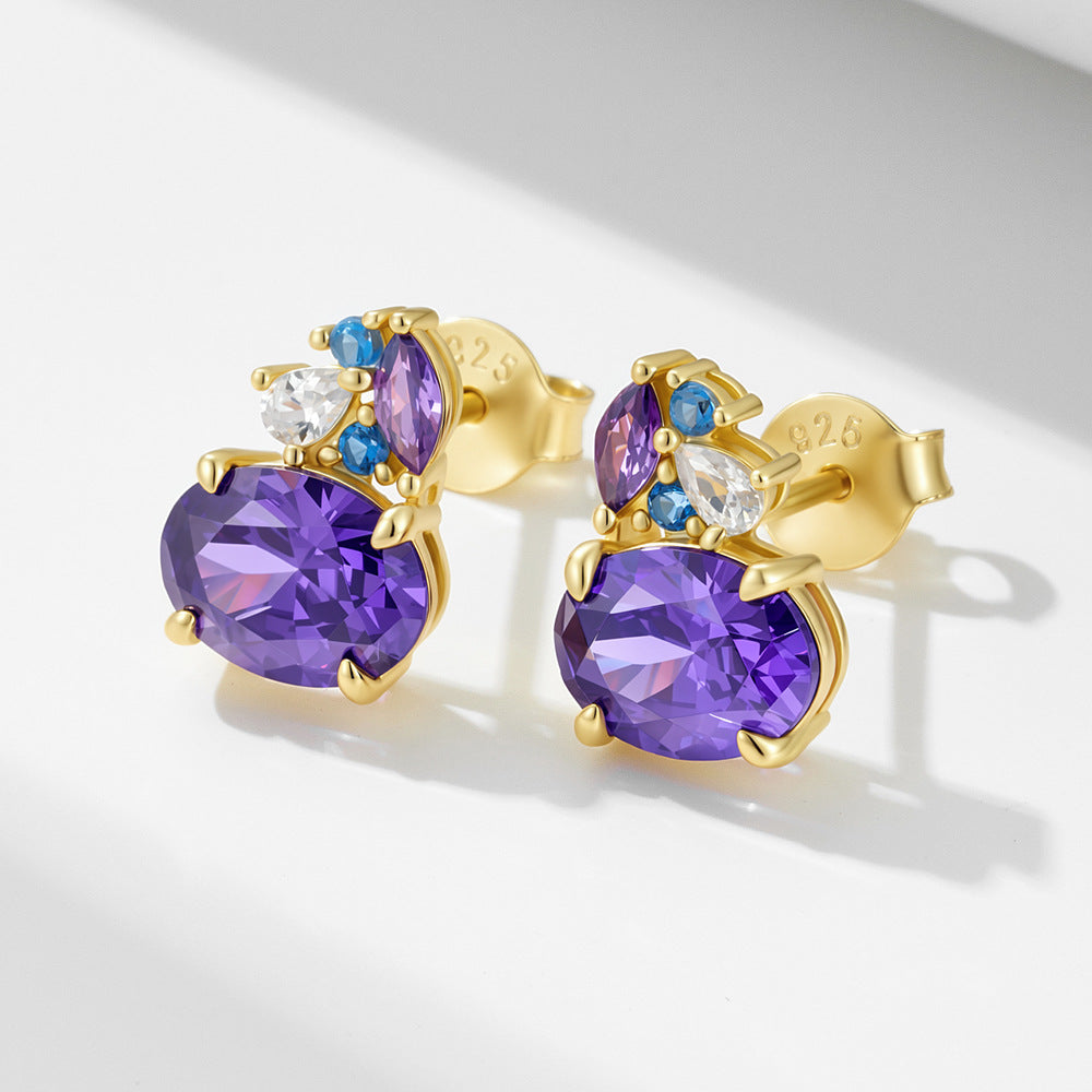 S925 Sterling Silver Colored Gemstone Stud Earrings Geometric Horse Eye Oval Purple Zircon