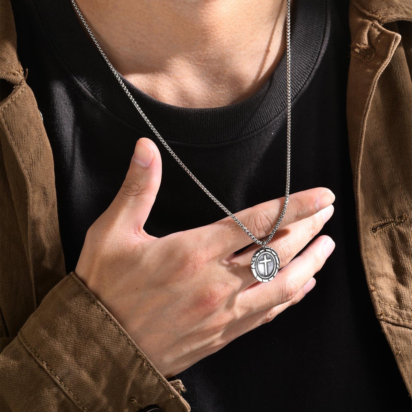 Men's Titanium Steel Necklace Double Sided Cross Pendant