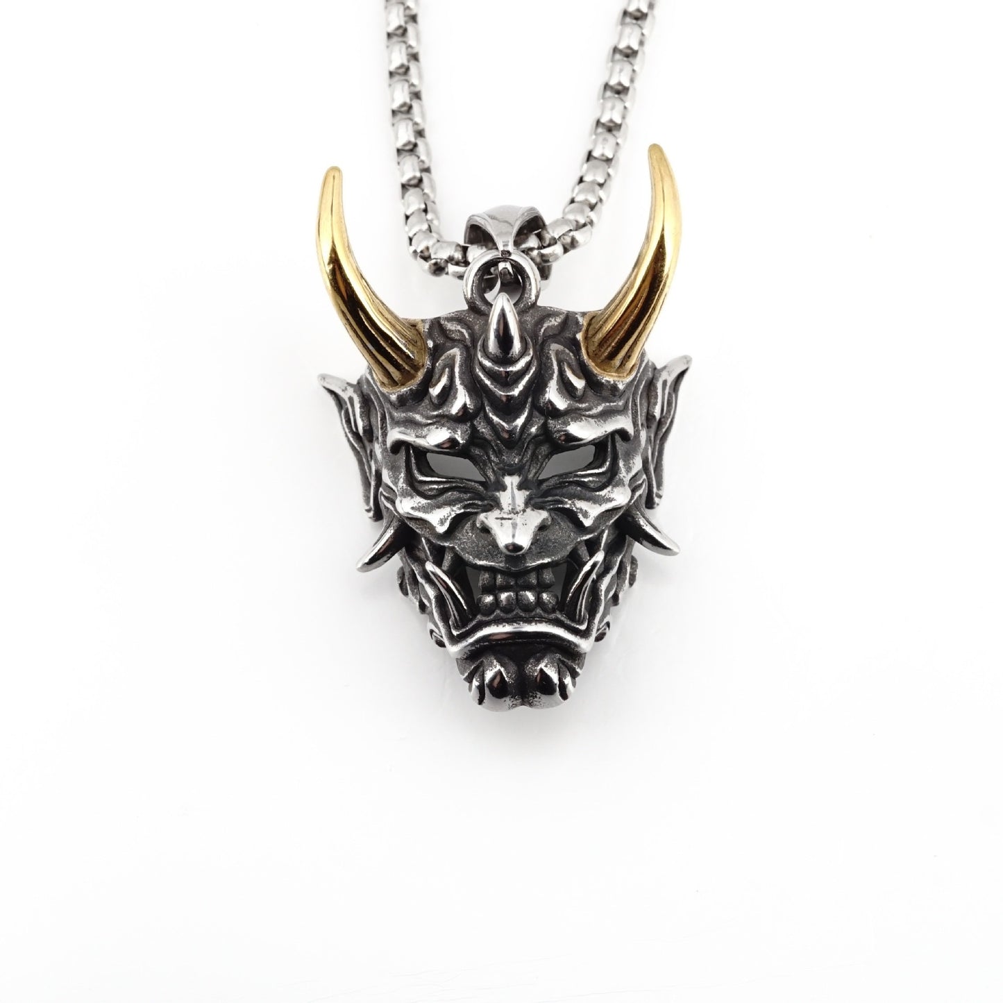 Planderful Prajna Necklace Golden Horn Ghost Mask Pendant For Men Bold Hip Hop Style Stainless Steel
