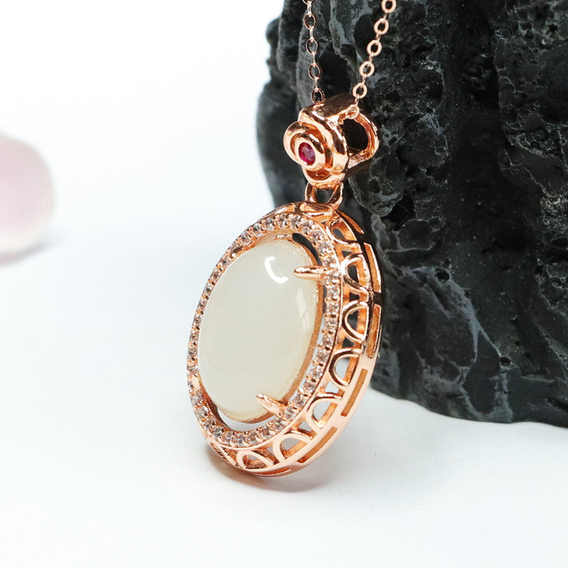 Halo Rose Zircon White Jade Oval Necklace crafted with Hetian Jade