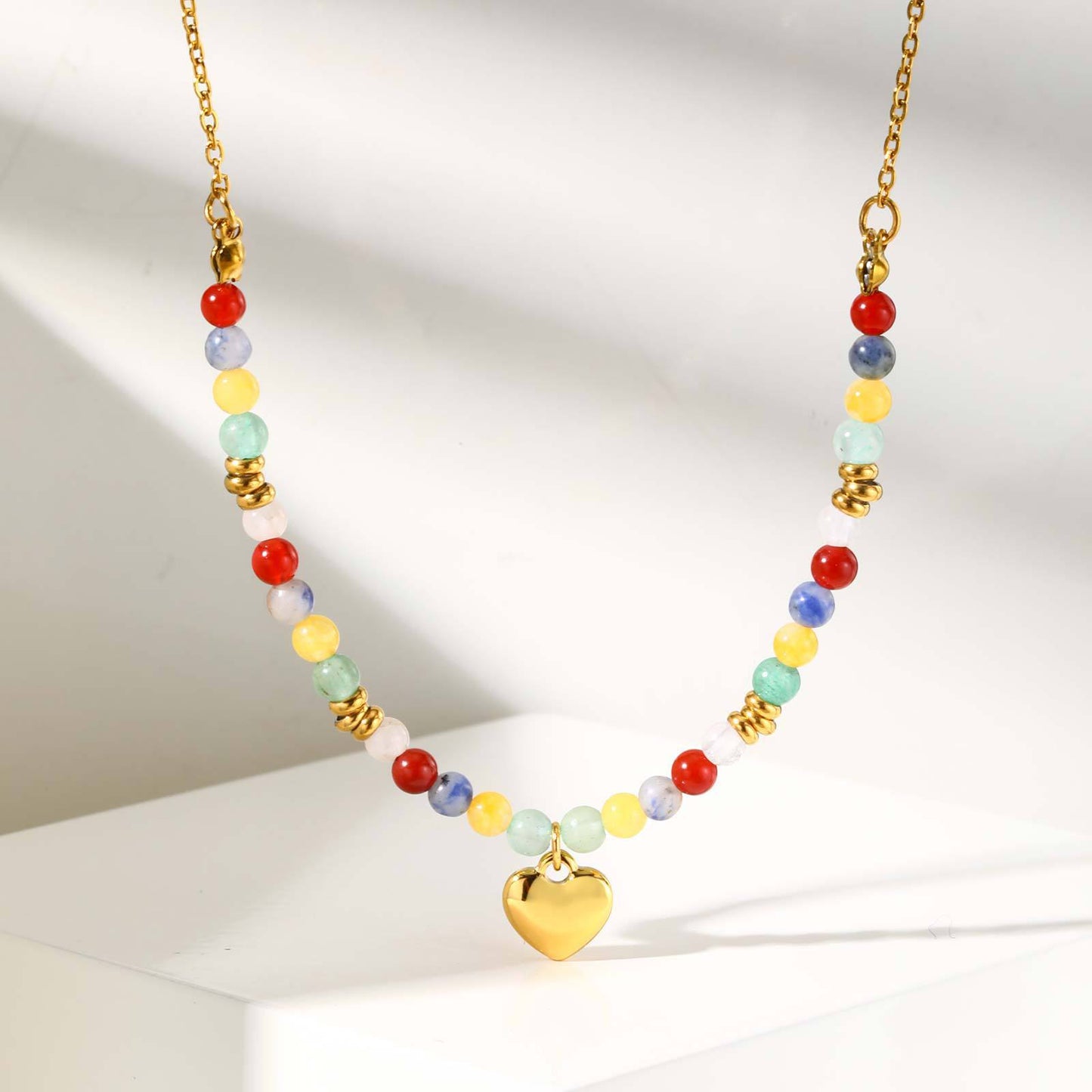 Stainless Steel Colored Natural Stone Bead Cross Cherry Teardrop Heart-Shaped Necklace