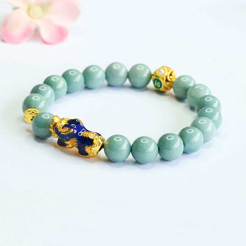 Blue Water Jadeite Pixiu 9 mm Beaded Bracelet