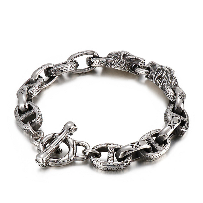 Titanium Steel Japanese Chain Bracelet with Creative Lion Head Design for Men's Street Fashion Accessories