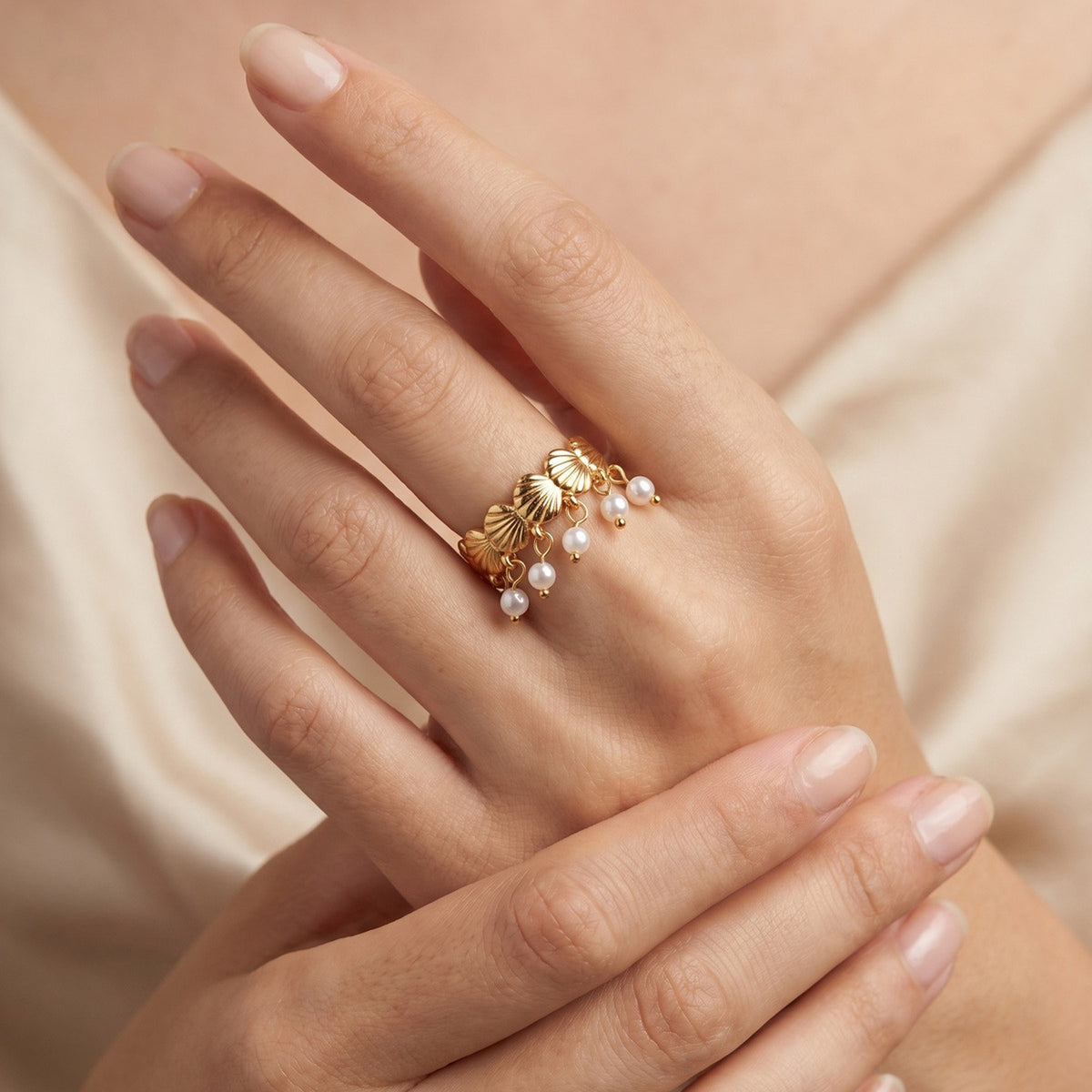 Ladies Open Stainless Steel Shell Imitation Pearl Tassel Bohemian Daily Ring