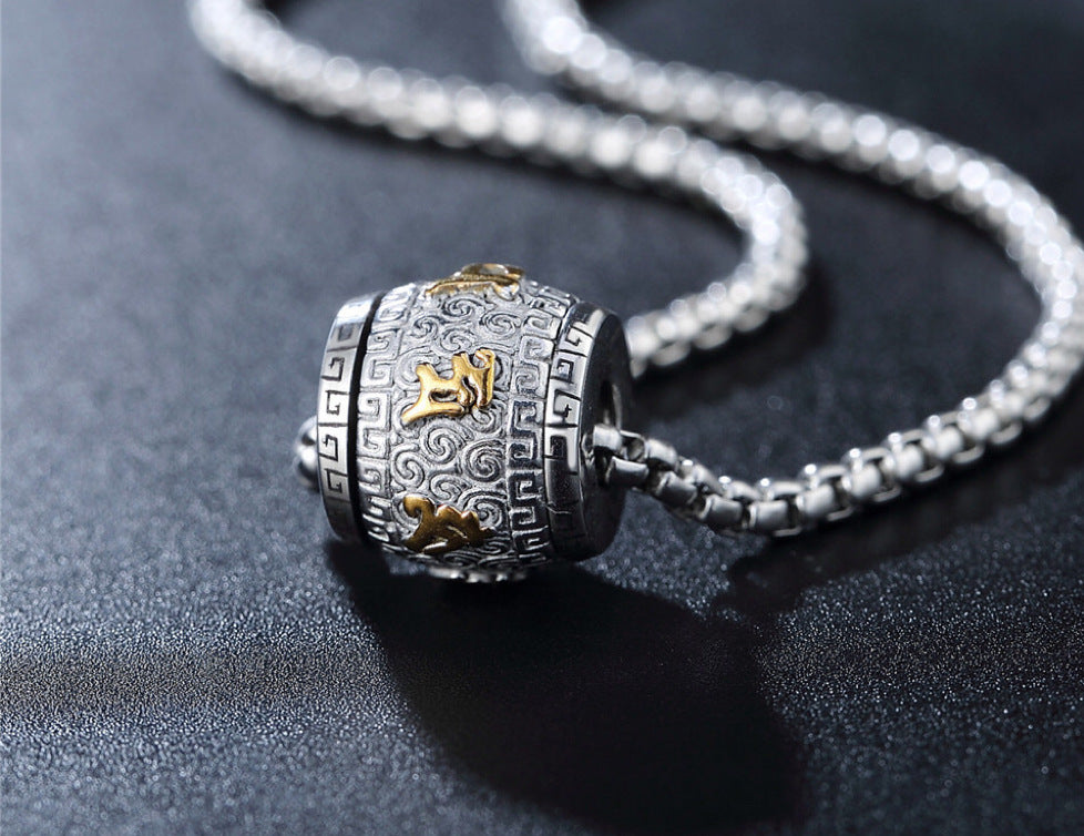 Planderful Mens Stainless Steel Necklace For Men With Rotating Mantra Beads Kinetic Pendant