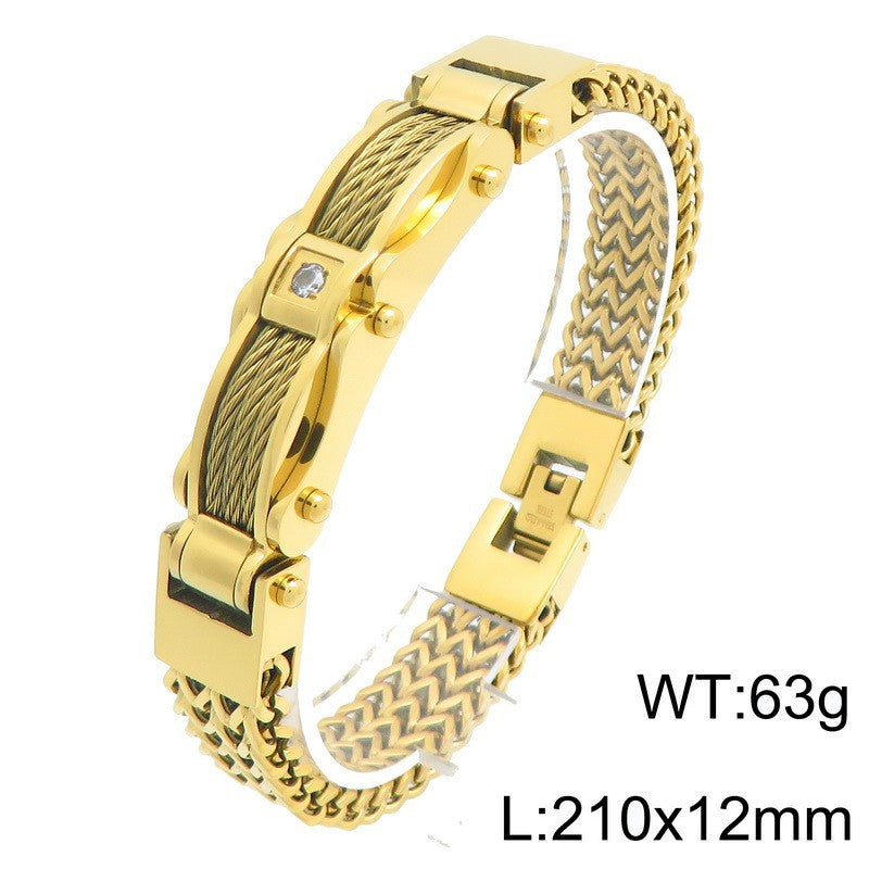 Buckle Front & Back Chain – Hip-Hop Zircon Weiya Line Mesh Curved Bar Stainless Bracelet