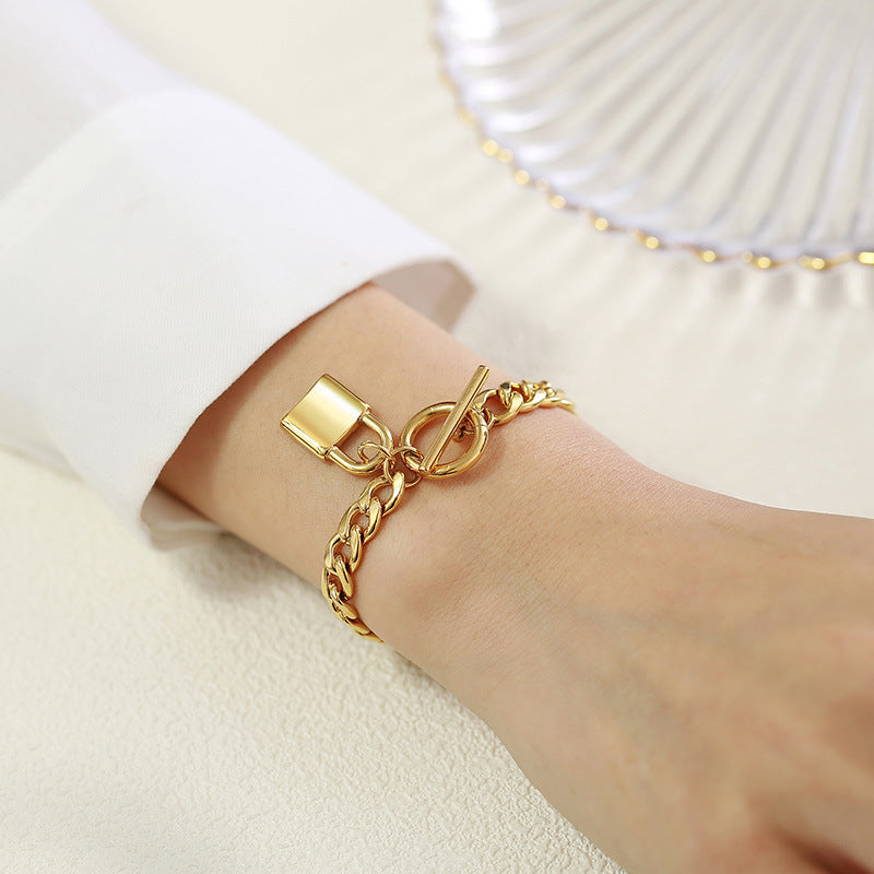 Lock NK Chain Golden Stainless Steel Bracelet