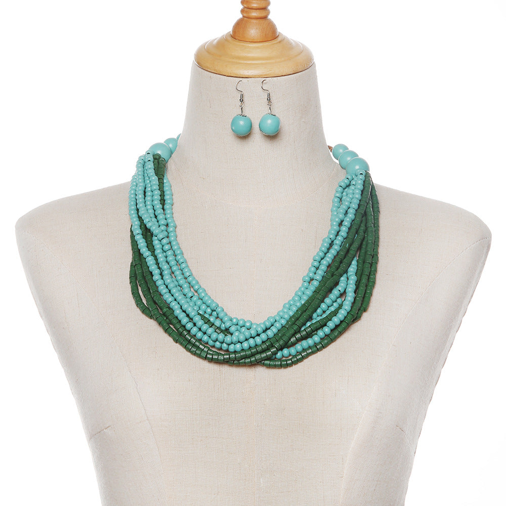 Exquisite Ethnic Style Wooden Bead Necklace with Vibrant Colors - Handmade Boho Jewelry Set
