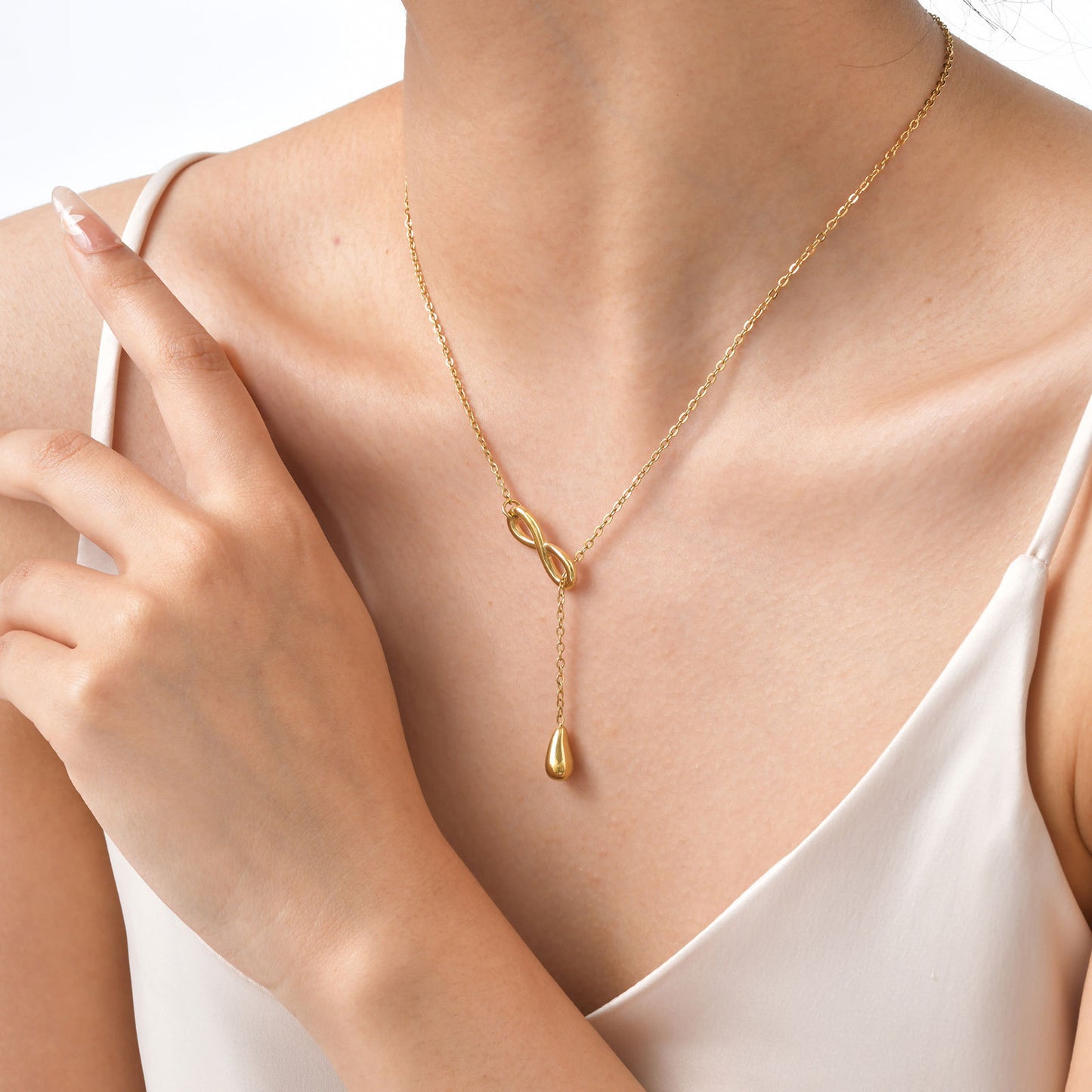 Stainless Steel Infinite Water Drop Y-Shaped Gold Necklace For Women