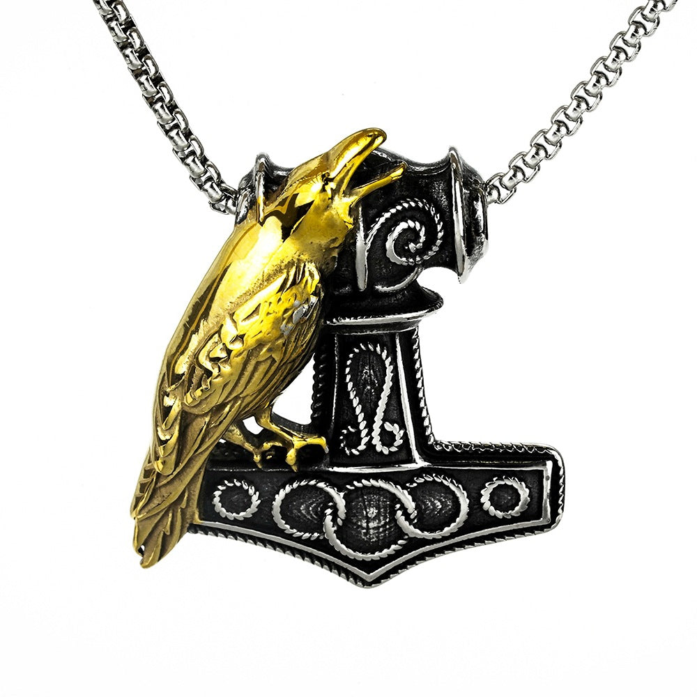 Vintage Stainless Steel Men's Viking Raven Thor Hammer Necklace