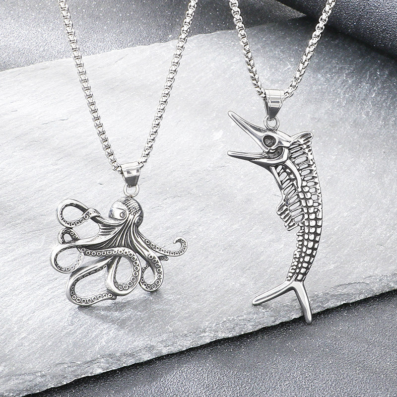 Popular Marine Life Octopus Pendant, Punk Style Old Smear Hollow Fish Bone Titanium Necklace