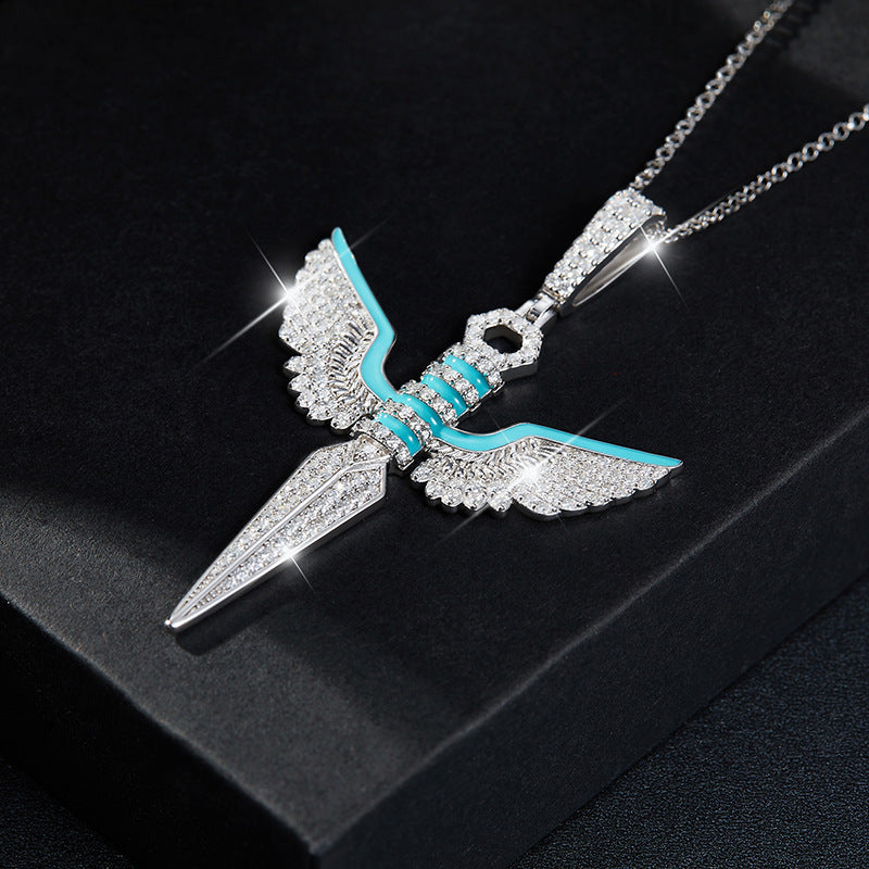 Planderful Unisex Moissanite Angel Wings Dagger Necklace Full Moissanite Blue Enamel S925 Silver Sparkling