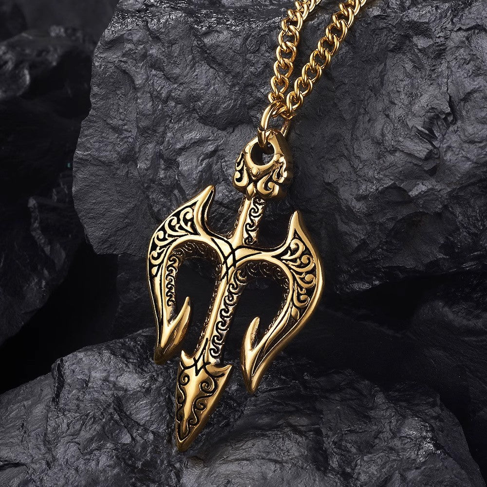 Planderful Jewelry Sea King Trident Necklace in Stainless Steel Three-Dimensional Pendant With Retro Modern Aesthetic