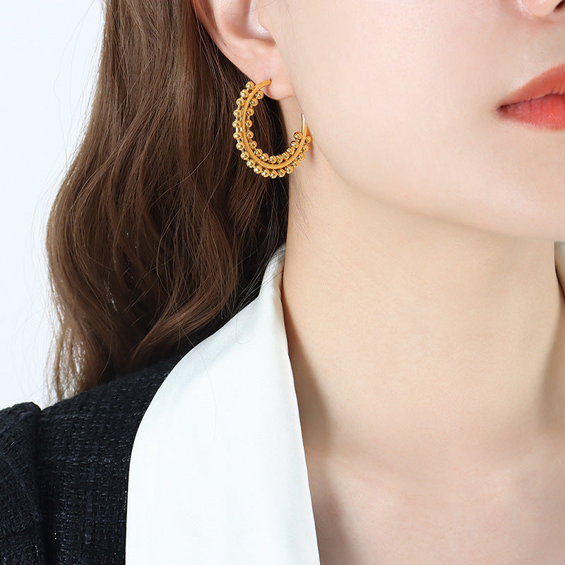 Exaggerated Double Layer Steel Ball Large Circular Earrings - Gold-Plated Titanium Jewelry