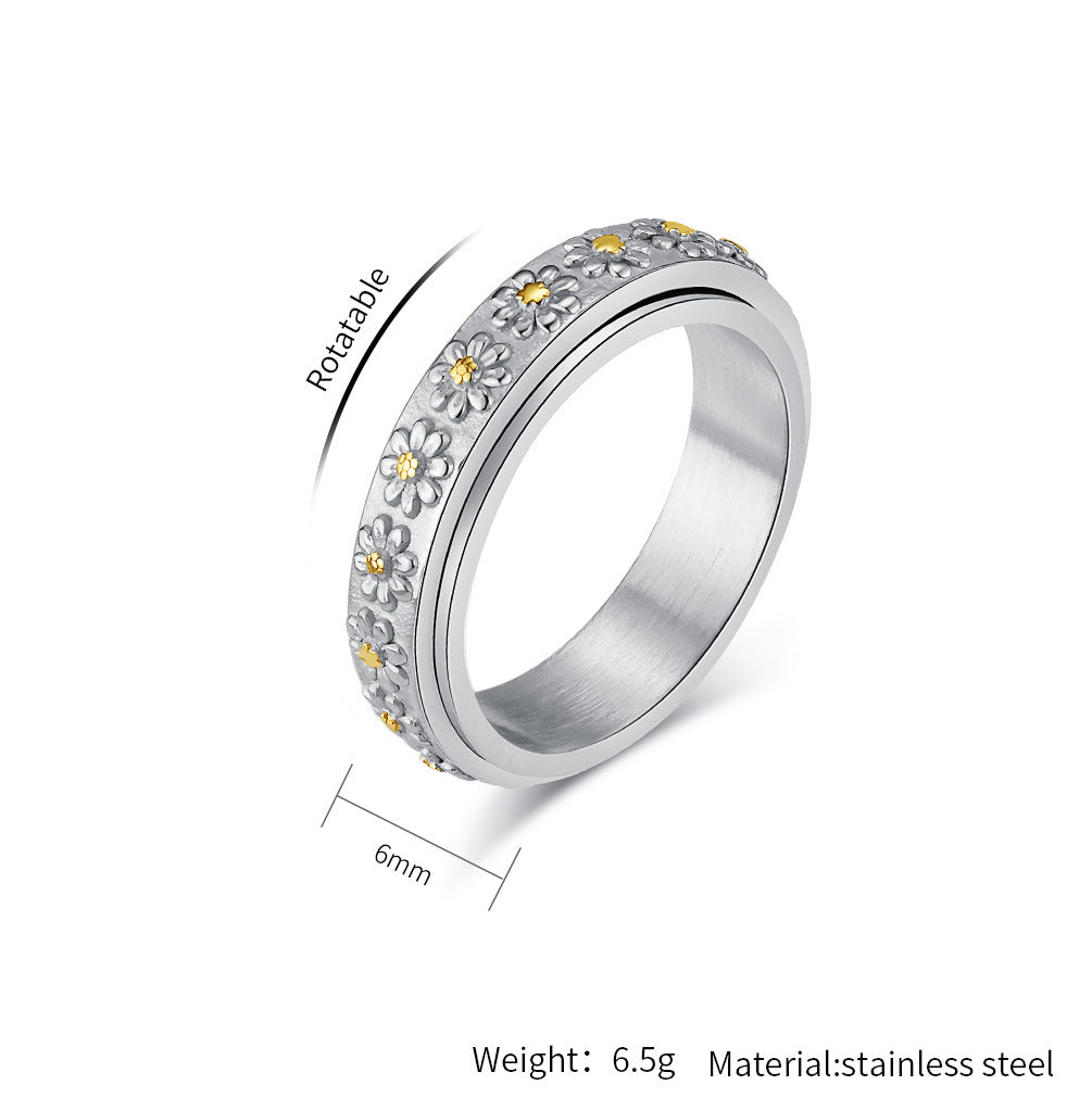 Planderful Rotating Daisy Ring Titanium Steel Durable For Women Men Size 5 To 10 Elegant Sunflower Jewelry