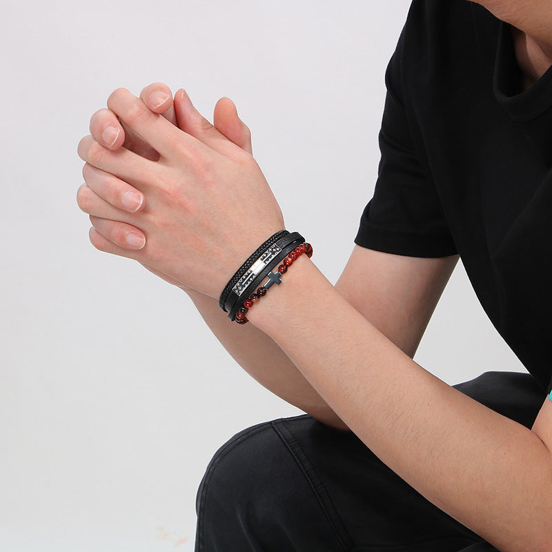 Planderful Men's Titanium Steel Cross Braided Rope Bracelet