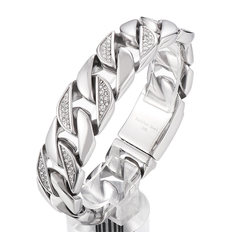 Korea Dongdaemun Glossy – Generous Titanium Steel Men's Zircon Cuban Chain Bracelet