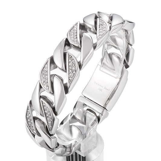 Korea Dongdaemun Glossy – Generous Titanium Steel Men's Zircon Cuban Chain Bracelet