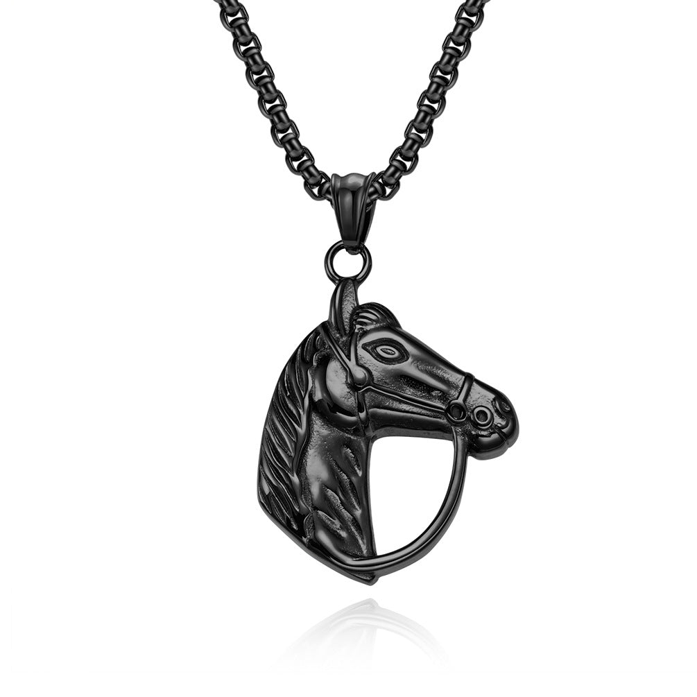 Planderful Mens Horse Head Necklace Personalized Retro Titanium Steel Pendant For Horse Racing Fans
