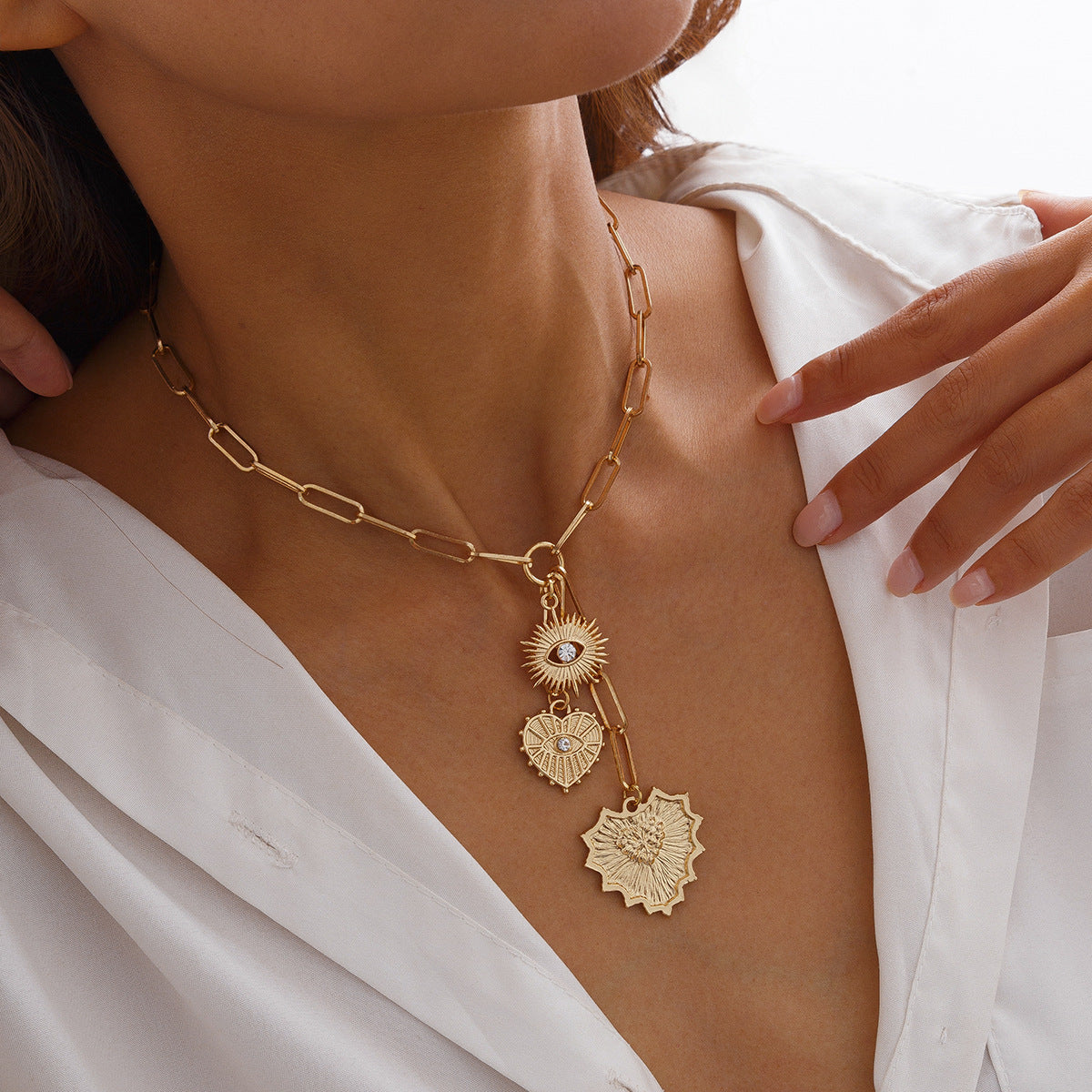 Heart, Eye & Cross Fringe Necklace