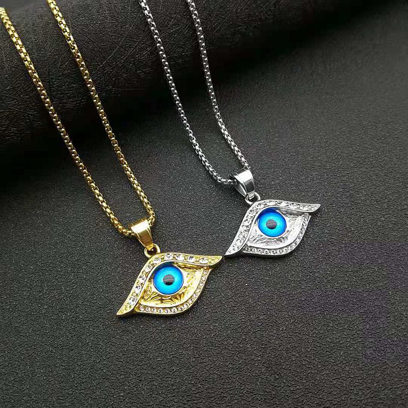 Planderful Hip Hop Jewelry Necklace Gold Plated Titanium Steel Turquoise Turkish Blue Eye Pendant With Zircon For Men