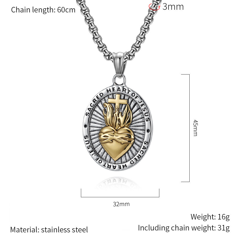 Planderful Sacred Heart Cross Titanium Steel Necklace For Men Retro European American Symbol Body Protection Jewelry