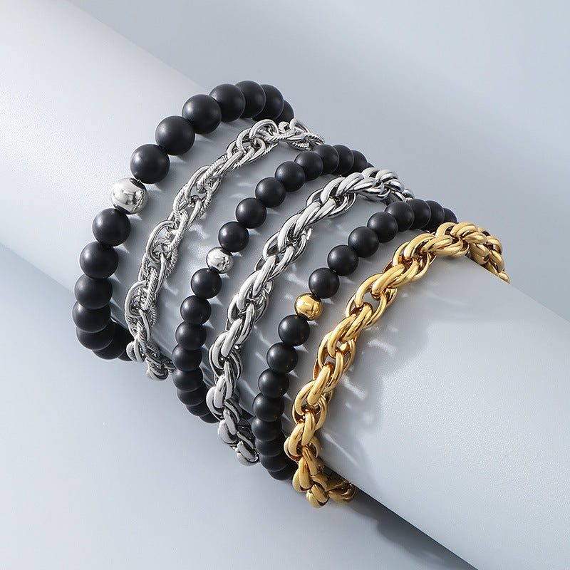 Planderful Black Agate Steel Ball Bracelet Retro Twist Men