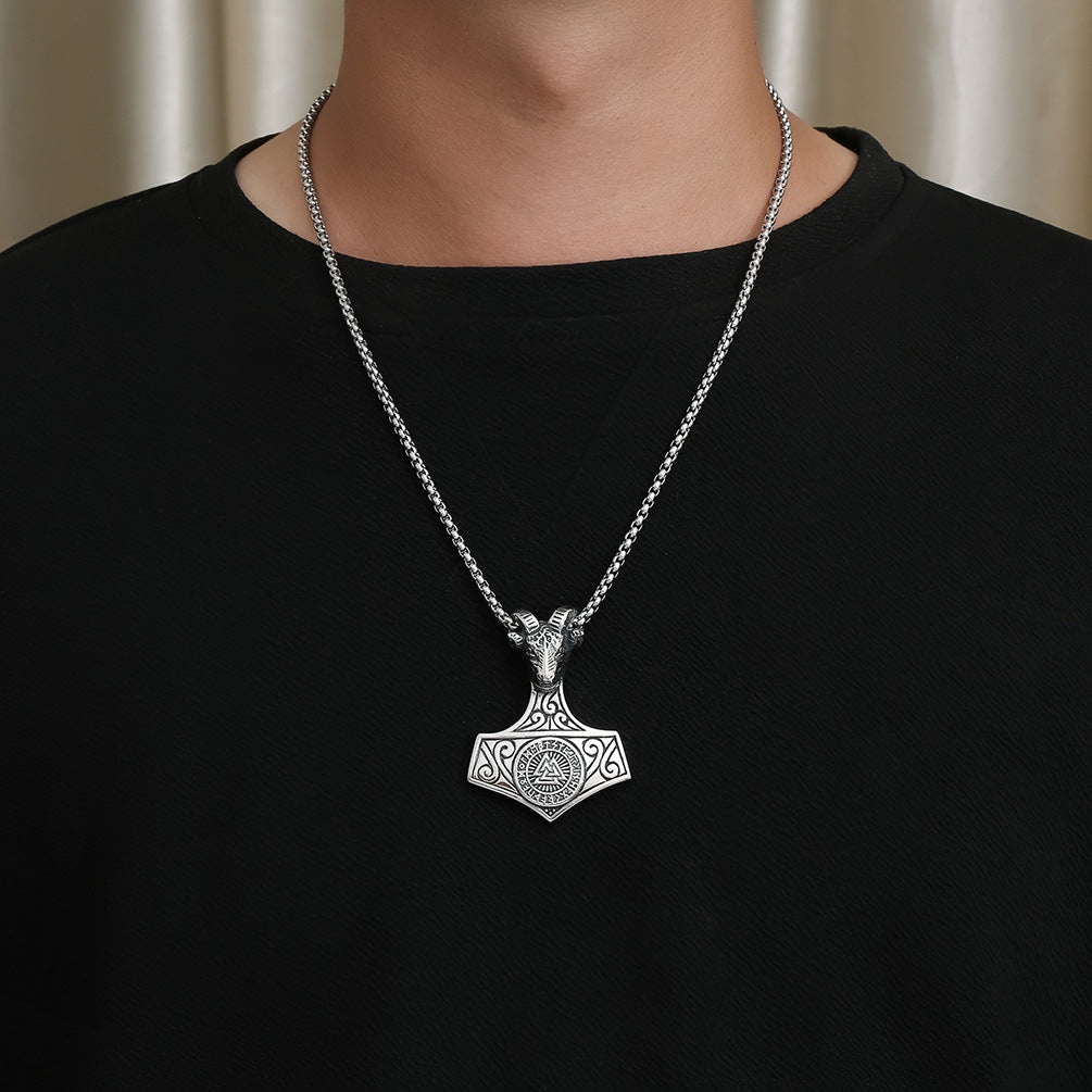 Vintage Nordic Viking Ram Head Necklace with Compass Pendant