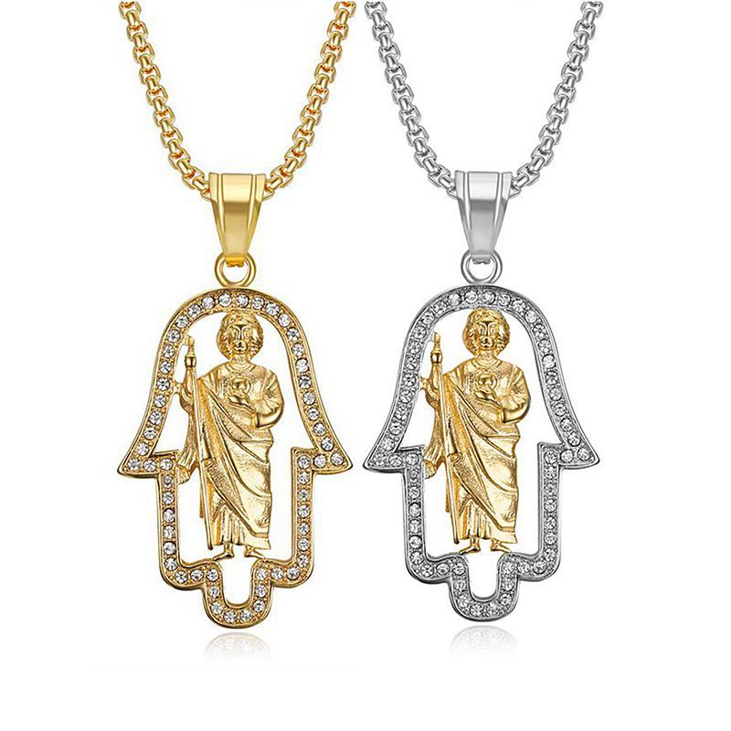 Planderful Hip Hop Pendant Necklace Stainless Steel Gold Plated Zircon Fatima Hand St Jude Urban Jewelry Lovers Must Have