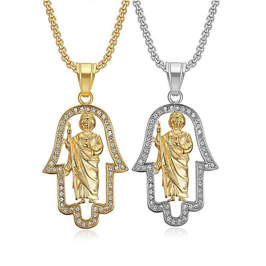 Planderful Hip Hop Pendant Necklace Stainless Steel Gold Plated Zircon Fatima Hand St Jude Urban Jewelry Lovers Must Have