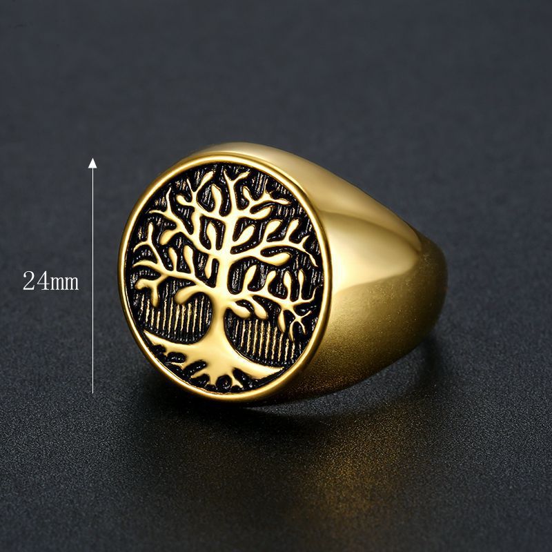 Planderful Tree of Life Ring Hip Hop Style for Men and Unisex Titanium Steel Gold Plated Protection Statement