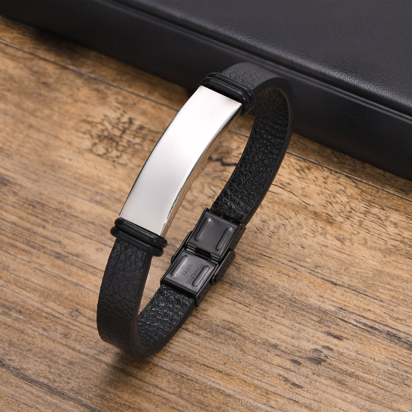 Stainless Steel Black Curved Leather Bracelet Men's Trendy Accessories Jewelry Wholesale Personalized for Men