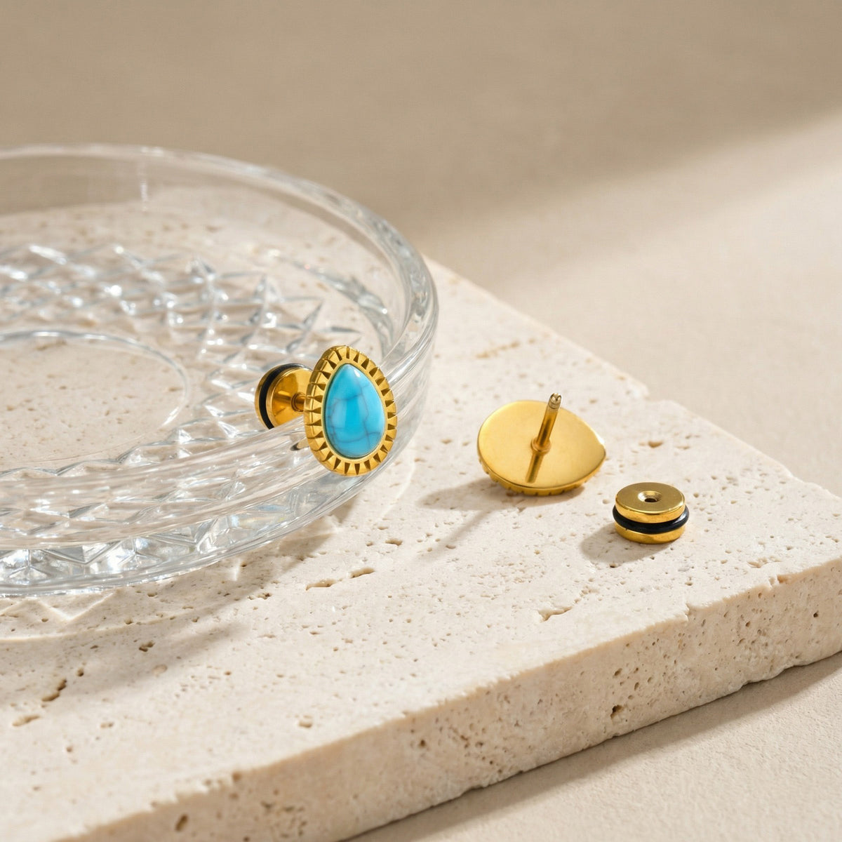 Gold-Tone Turquoise Teardrop Stud Earring — Single