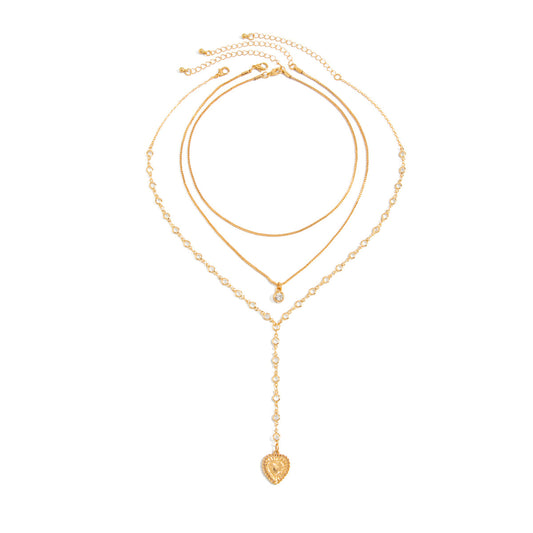 Thin Cha Stacked With Long Love-Shaped Necklaces Retro French Micro-Inlaid Zircon Collarbone Necklace
