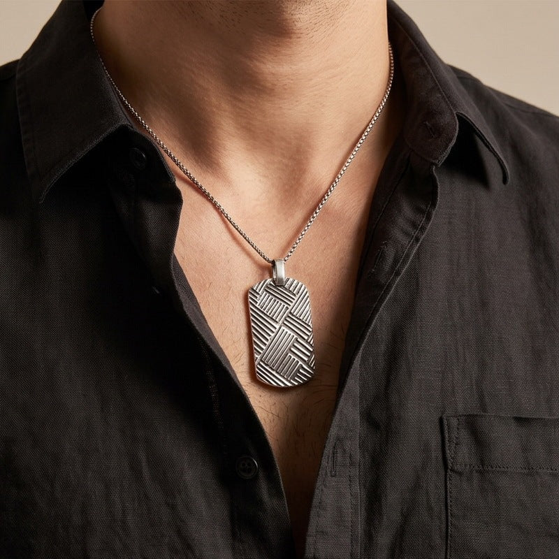 Staggered Twill Military Brand Pendant, Punk Style Retro Geometric Interwoven Stainless Steel Men's Necklace
