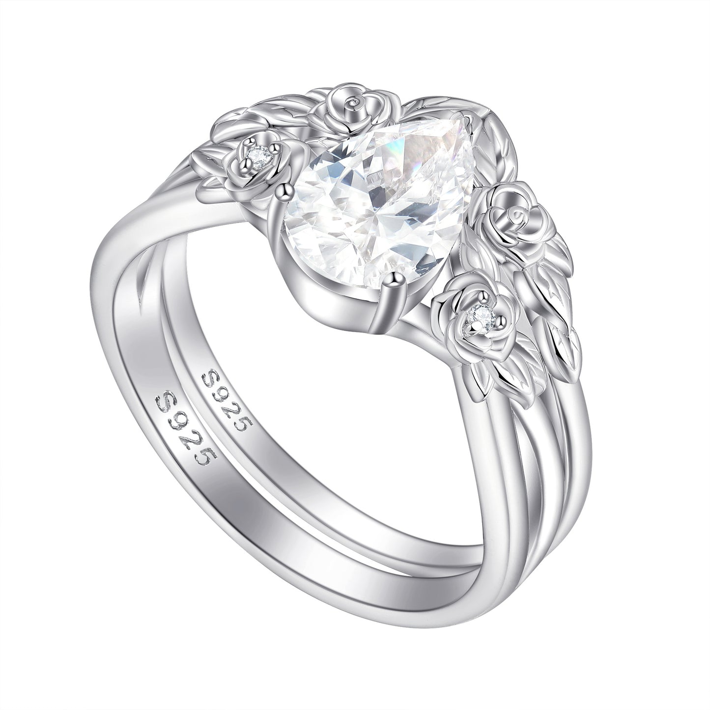 Planderful Sterling Silver Flower Ring Set 1.5ct Pear Zircon For Women Wedding Jewelry Gift