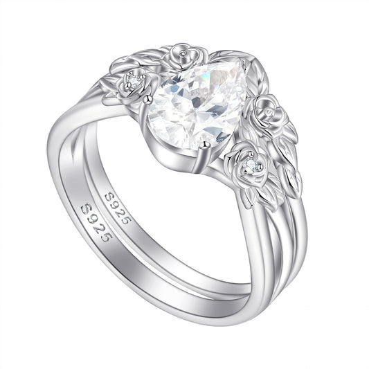 Planderful Sterling Silver Flower Ring Set 1.5ct Pear Zircon For Women Wedding Jewelry Gift