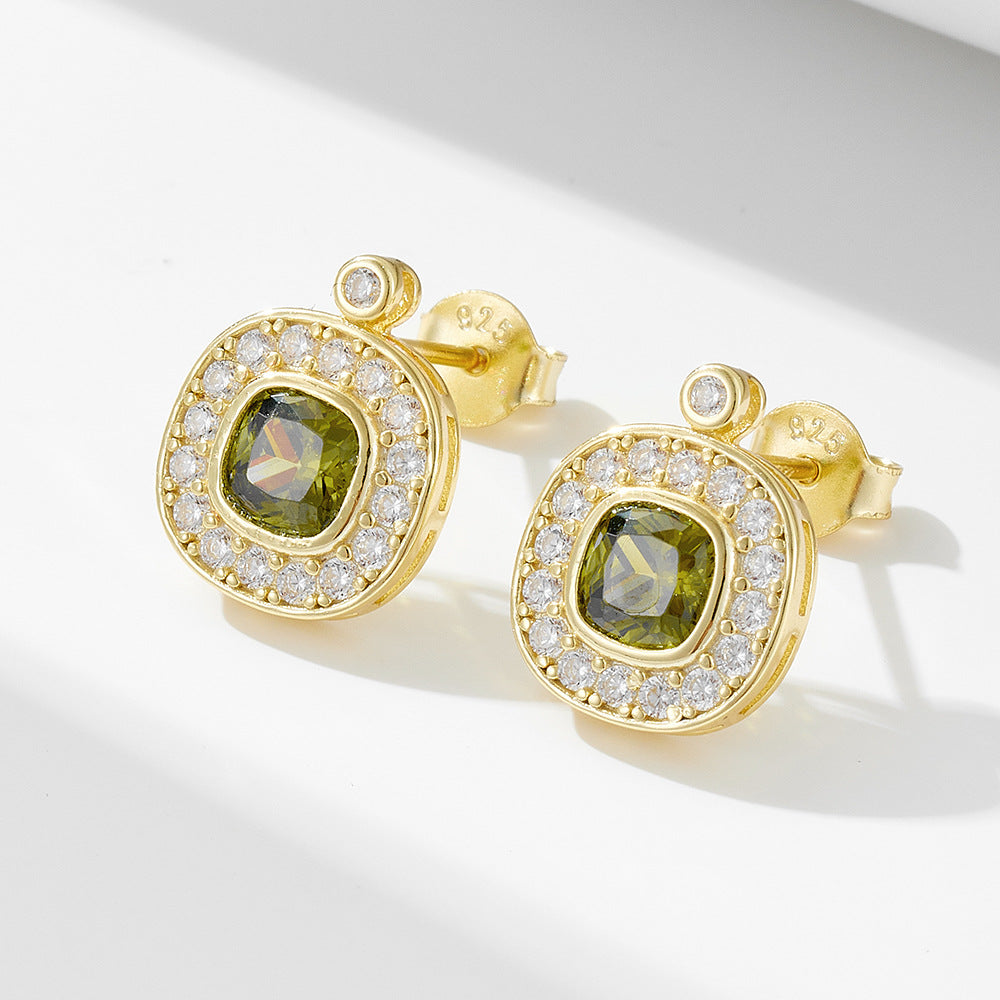 S925 Sterling Silver Retro Court Olive Green Zircon Stud Earrings Geometric Oval Inlaid