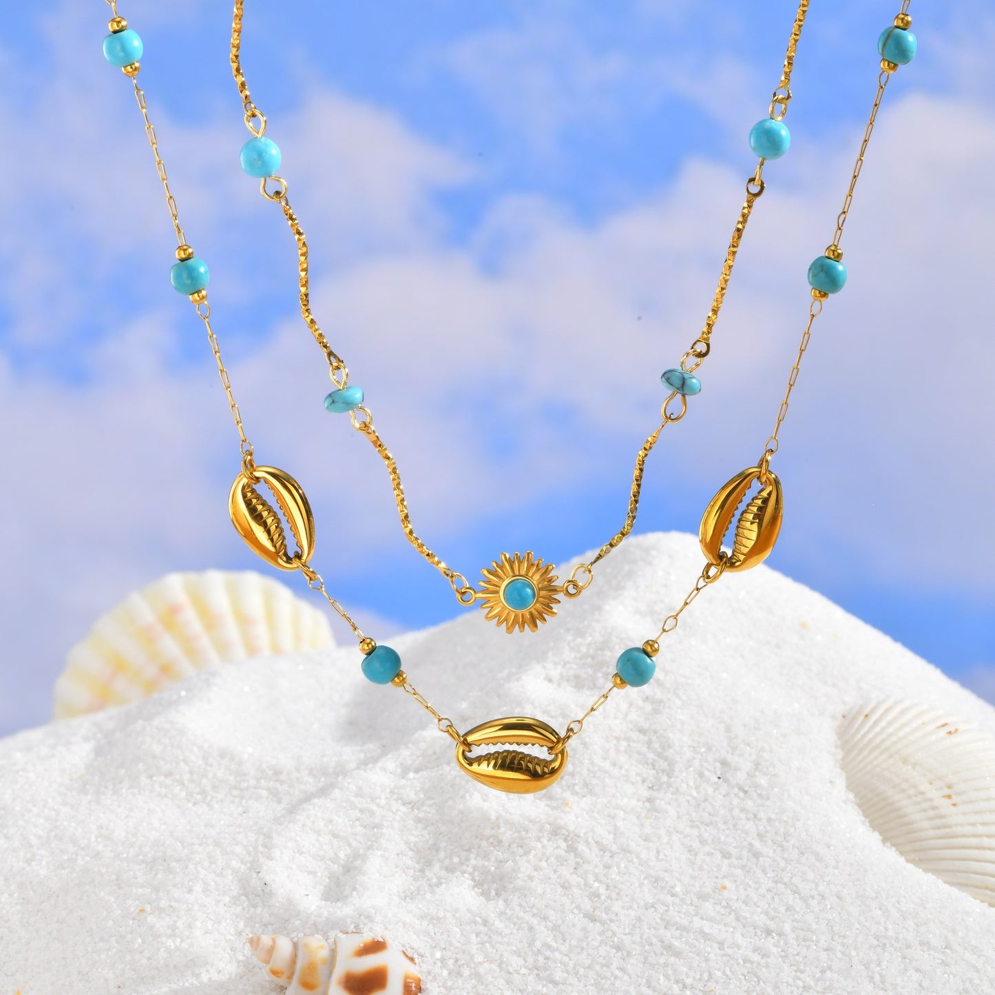 Stainless Steel Shell Turquoise Beads Stacked Women's Neck Chain Necklace