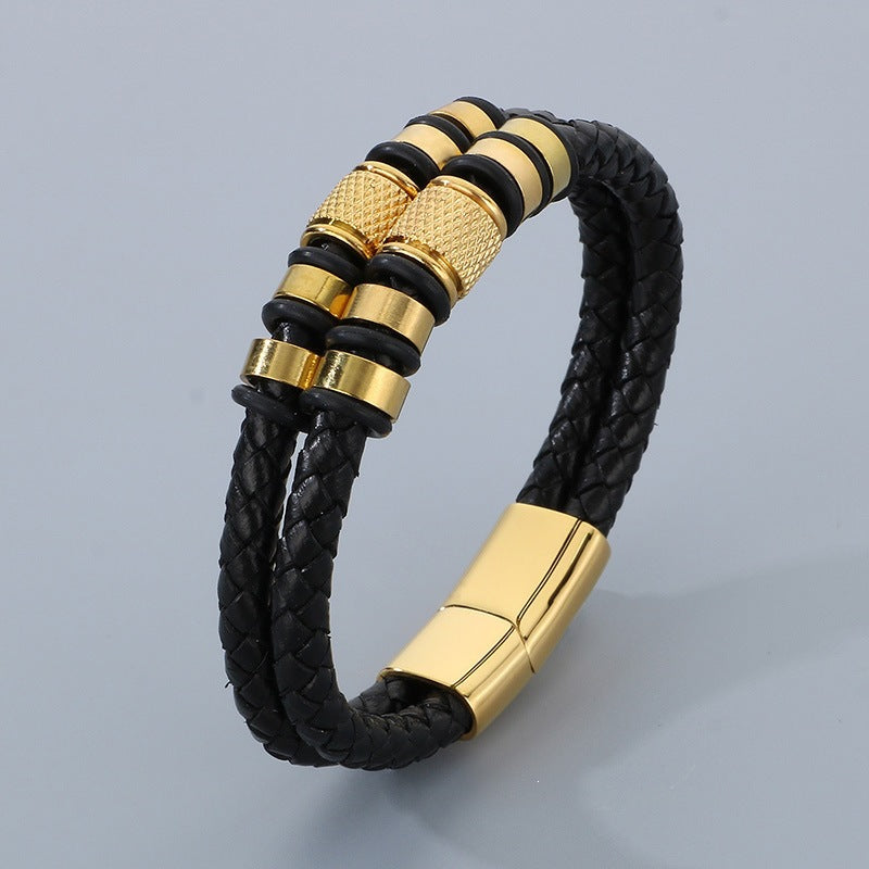 Business Style Double-Strand Woven Leather Rope Bracelet – Punk Stainless Steel Beaded