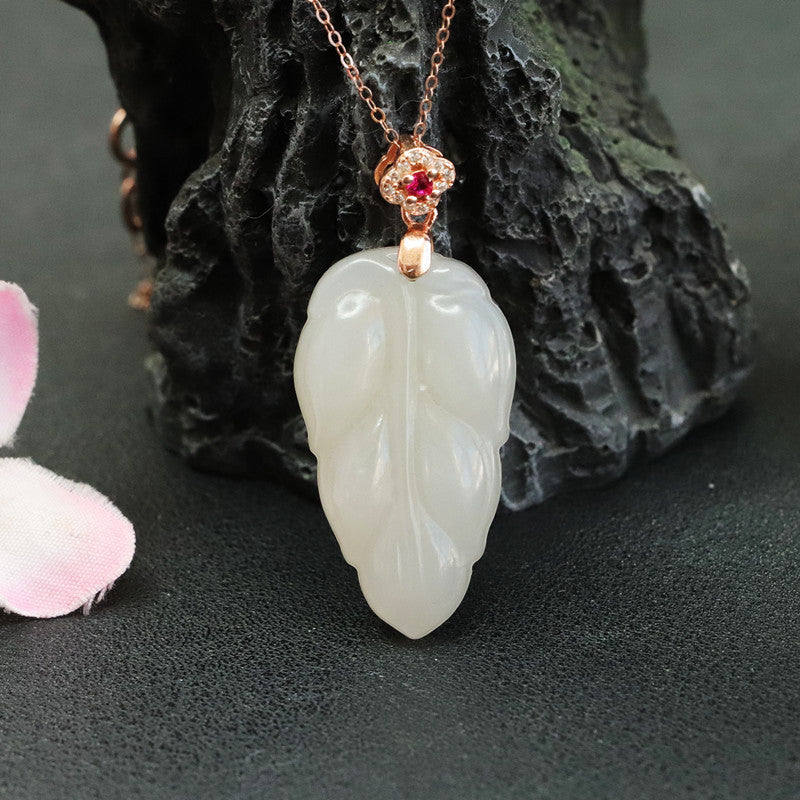 Leaf Jade and Zircon Flower Sterling Silver Necklace with Hotan Jade Pendant