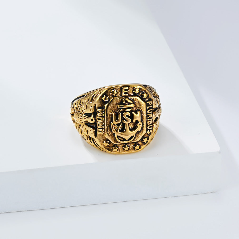 Planderful Hip Hop Ring Stainless Steel Gold Plated US Navy Anchor Eagle For Men
