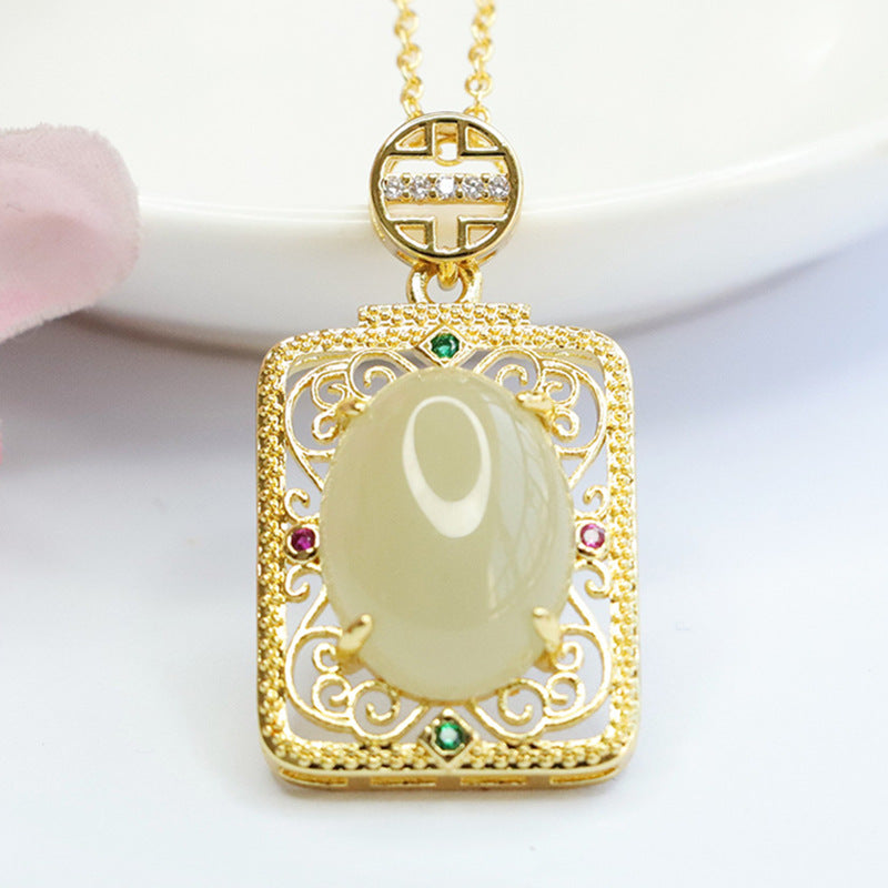 Jade Hollow Square Pendant in Palace Style with Natural Oval Hetian Jade