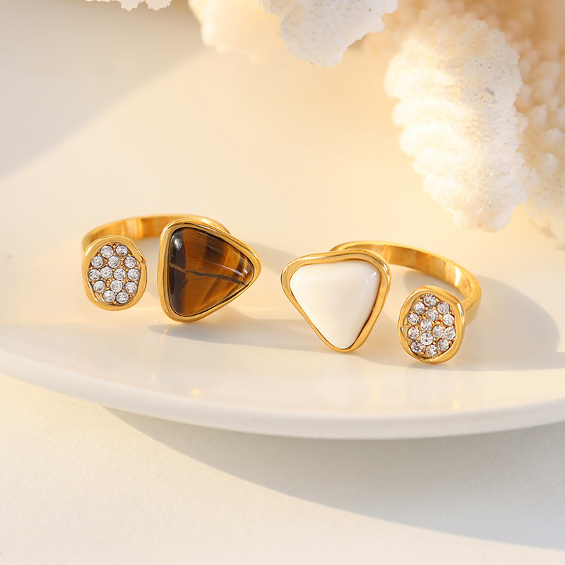 Luxurious Tiger Eye Shell Ring in Titanium Steel - Size 7