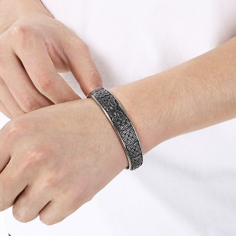 Rune – Nordic Viking Celtic Knot Double Wolf Head Titanium Steel Men's Opening Bracelet