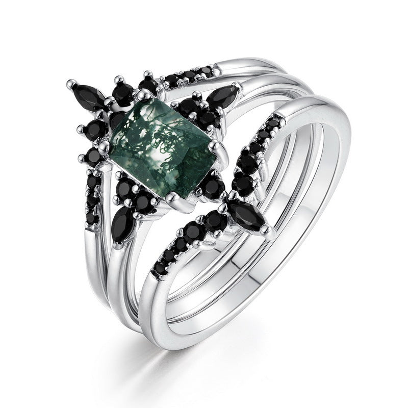 Planderful Jewelry Green Moss Agate Sterling Silver Ring Natural Rectangle V Shape Elegant Modern Ring