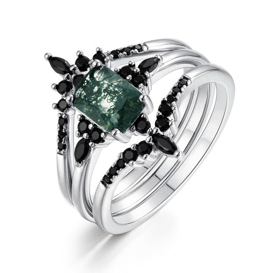 Planderful Jewelry Green Moss Agate Sterling Silver Ring Natural Rectangle V Shape Elegant Modern Ring