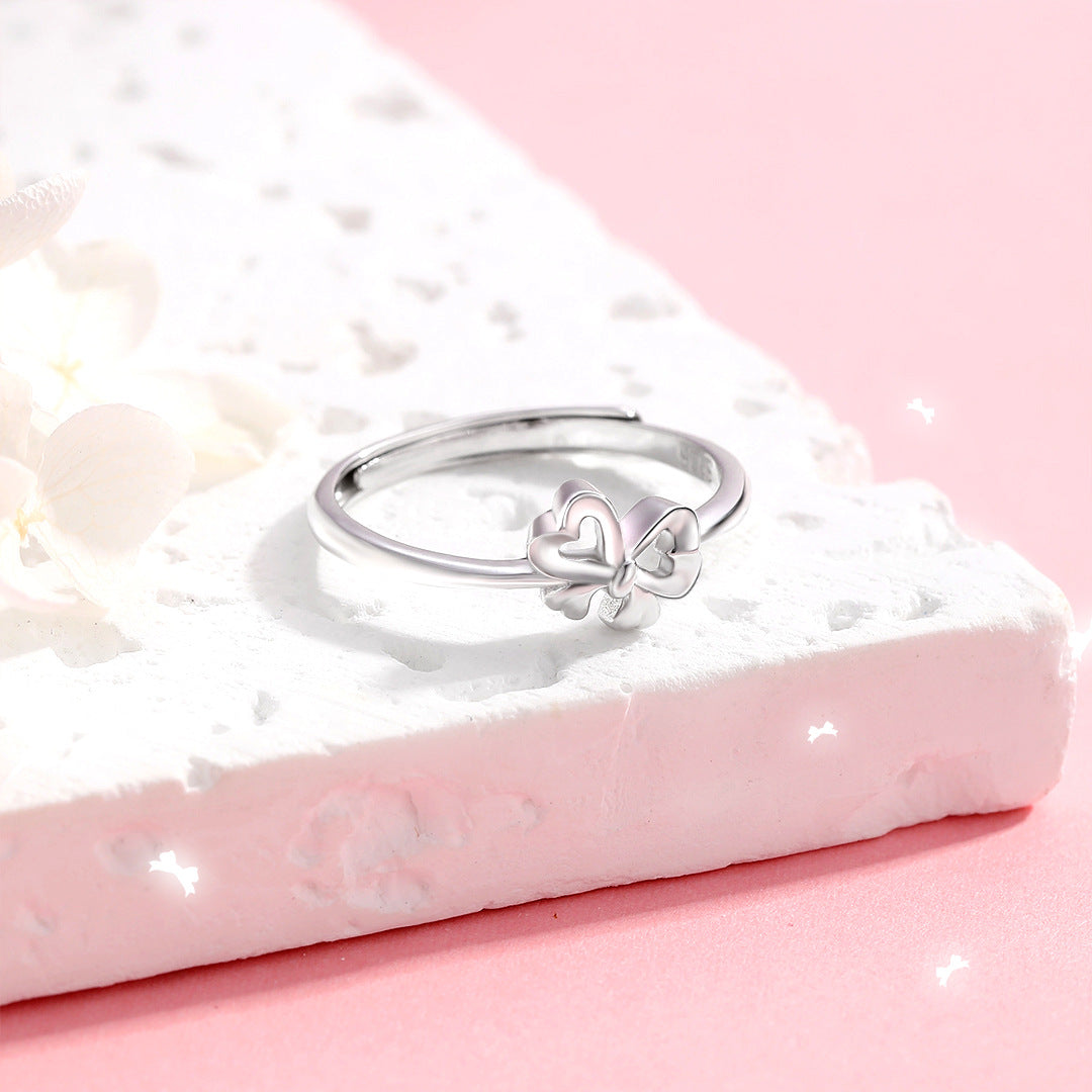 Planderful S925 Sterling Silver Love Bow Ring For Women Adjustable Opening Versatile High End Jewelry