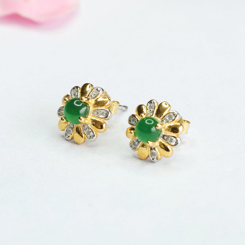 Sterling Silver Jade Flower Stud Earrings